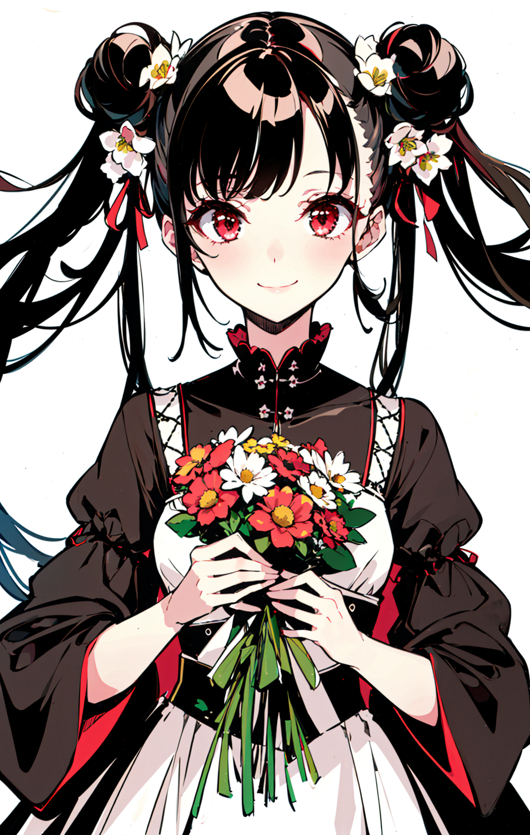 04327-1517621917-1girl, smile, solo, white_background, simple_background, dress, looking_at_viewer, red_eyes, black_hair, bangs, hair_ornament, h.png